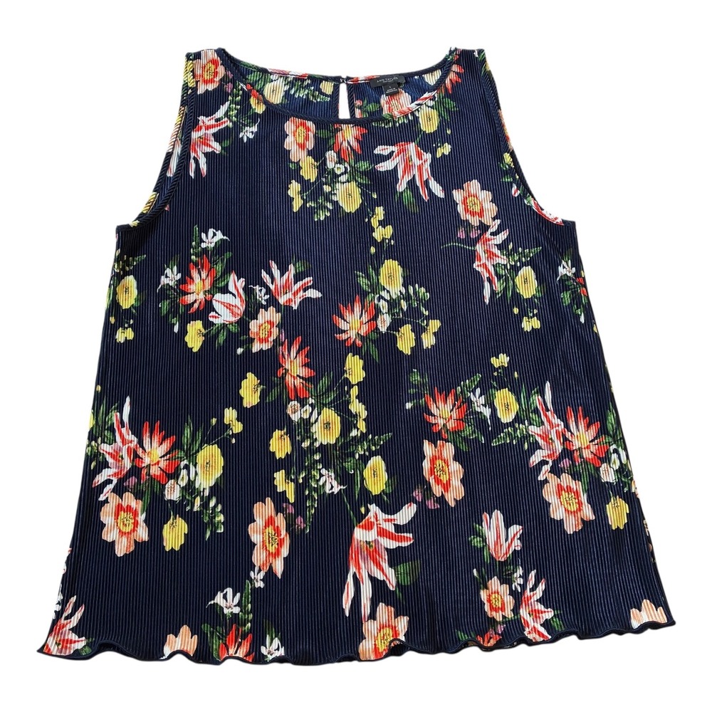 Ann‎ Taylor Factory Floral Pleated Sleeveless Top Navy Yellow Orange Women's L